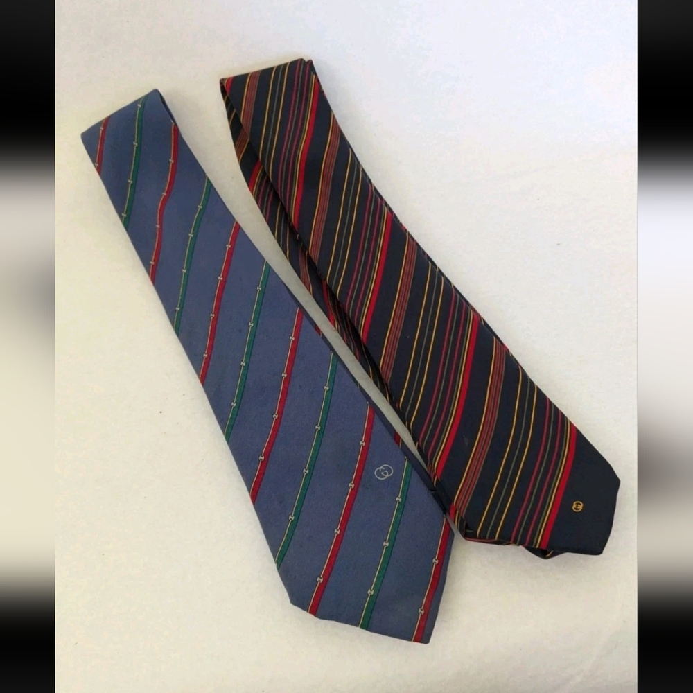 2 Vintage Gucci Silk Blue Striped Logo Neckties Made In Italy FLAWED STAINED